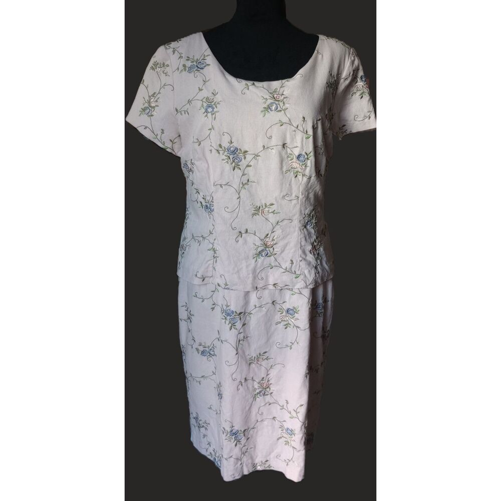 Chadwicks Women's 10 Pink Floral Linen Blend Midi Dress, Vtg